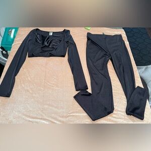 Dolls Kill K TOO Black Shiny Crop Top & Legging Set X Cutout Size L